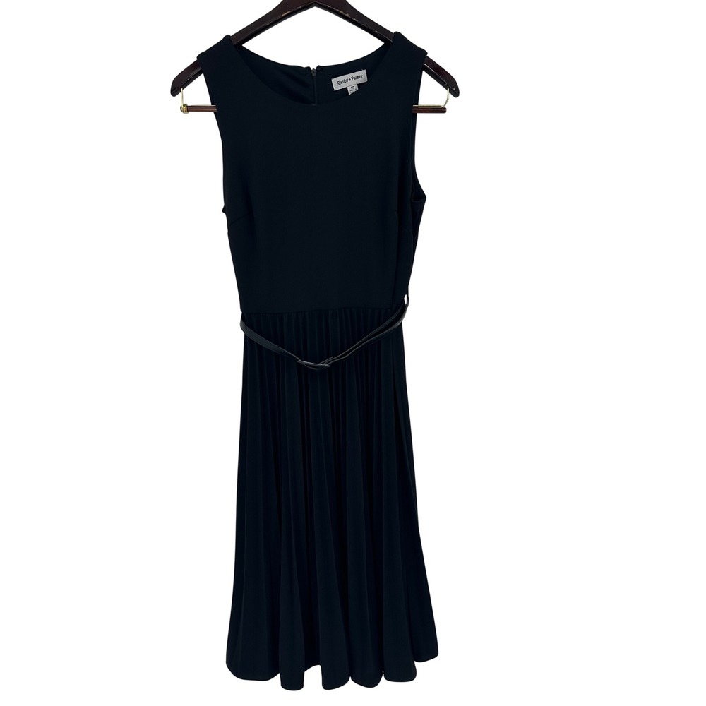 Shelby & Palmer Women's 10 Black Pleated Belted Sleeveless Fit and Flare Dress